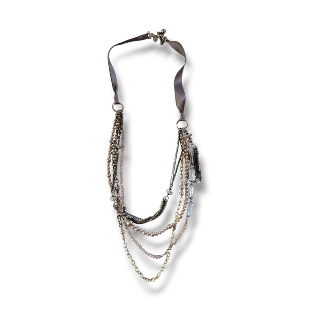 LOFT | Long Silver Tone Crystal Faux Pearl Layered Statement Necklace - Picture 3 of 13